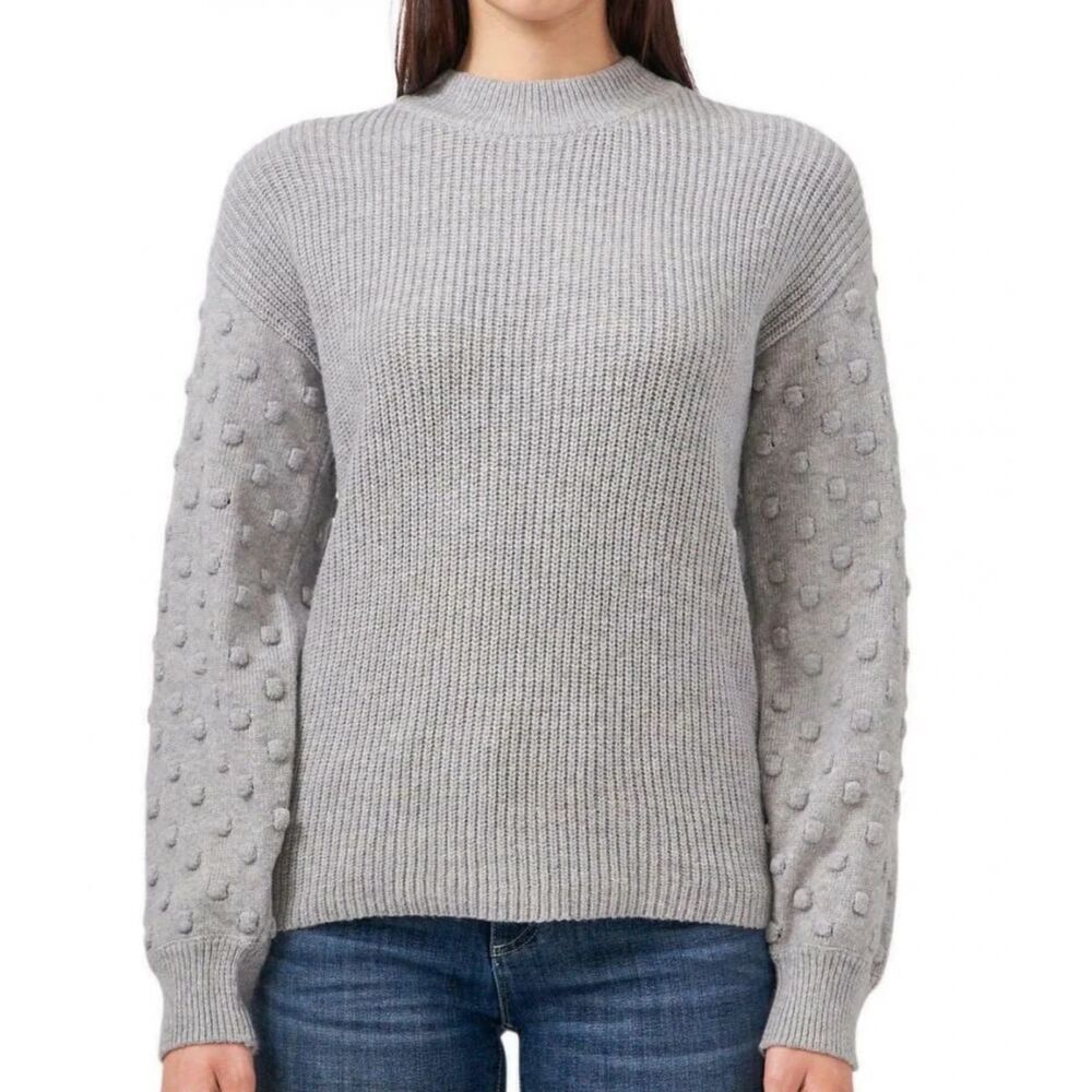 Vince Camuto Women's Medium Bobble Stitch Sleeve Sweater Gray Cotton Blend